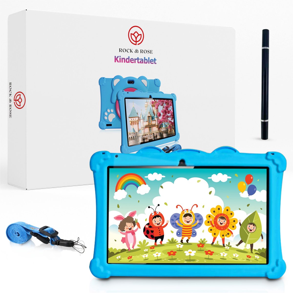 Rock&Rose Kindertablet - 10.1 Inch - Blauw - Inclusief Stylus pen & 64GB SD - Geschikt vanaf 3 jaar - 32GB opslag - Educatief leerplezier voor kinderen - Hoge kwaliteit tablet voor eindeloos speel- en leerplezier