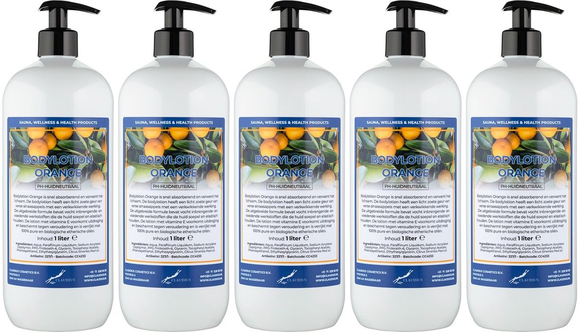 Bodylotion Orange 1 Liter - met gratis pomp - set van 5 stuks - Voordeelverpakking