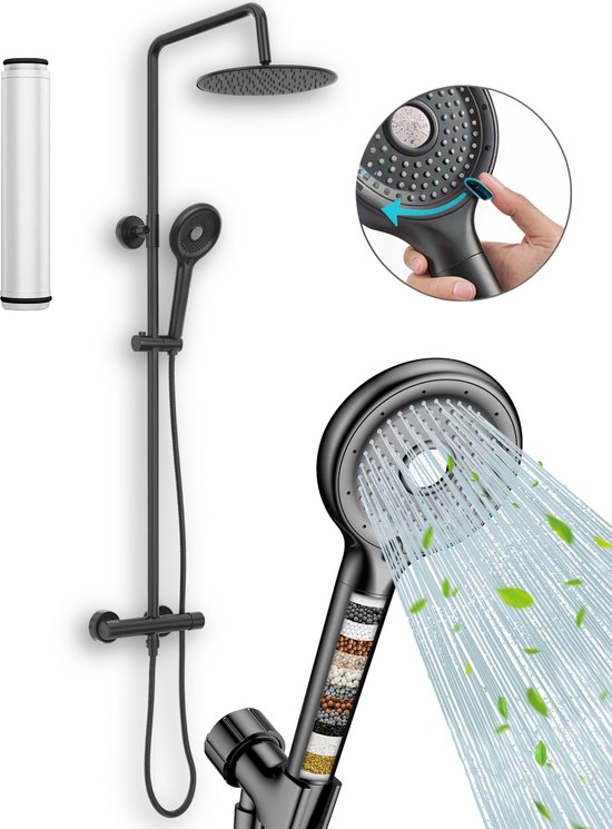 VITASENSE™ XXL Regendouche set met filter – Douchekop 6 sproeistanden – Douchekraan met Thermostaatkraan – Doucheset zwart