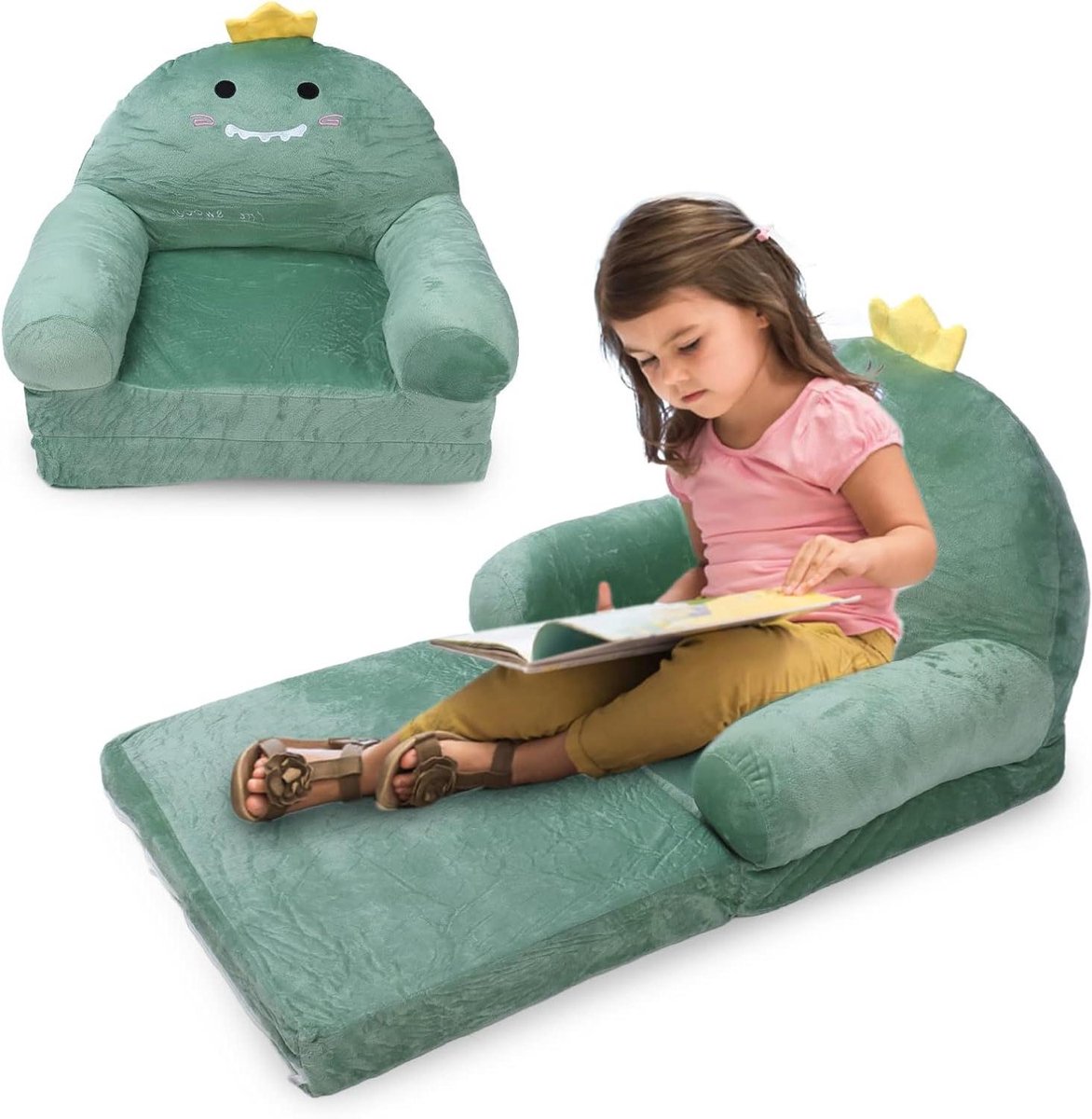 Allecto Premium- Kinderbank Met Uitklapbare Zachte Peuterstoel Dinosaurus Design - Opvouwbare Armleuning Stoel Bed Gestoffeerd - 2 in 1 Klap Open Bank Zitje voor Baby en Peuters - Comfortabel en Veilig - Inclusief 2 Banden