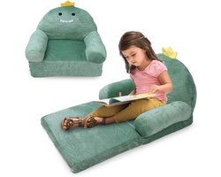 Allecto Premium- Kinderbank Met Uitklapbare Zachte Peuterstoel Dinosaurus Design - Opvouwbare Armleuning Stoel Bed Gestoffeerd - 2 in 1 Klap Open Bank Zitje voor Baby en Peuters - Comfortabel en Veilig - Inclusief 2 Banden