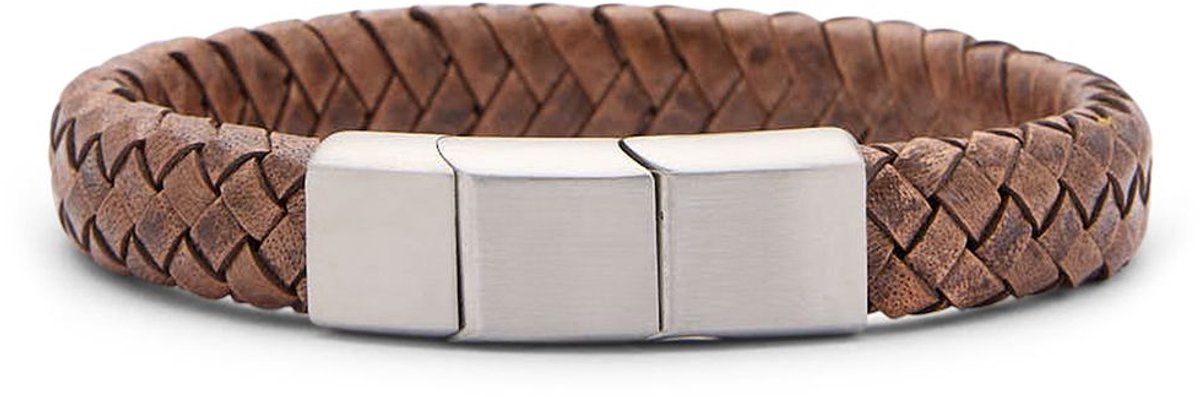 Manfield - Heren - Bruine leren gevlochten heren armband - Maat 1