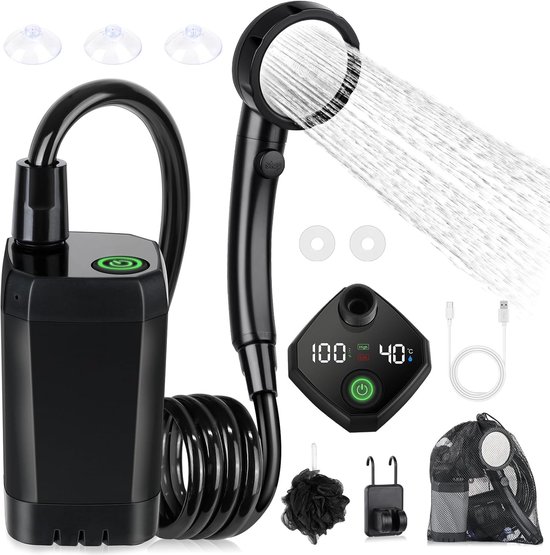 Draagbare kampeer douche - Duurzaam en langdurig - 6000mAh oplaadbare douche - Met slim LED-display - 4 waterstraalmodi - IPX7 waterdichte outdoor douchepomp - Camping Douche - Buitendouche - Tuindouche - Draagbare Douche - Mobiele Douche