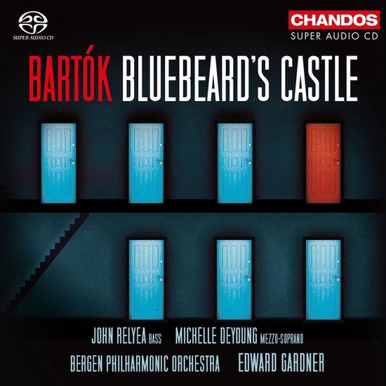 Hoes van Bartók: Bluebeard's Castle, toont acht deuren, waarvan zeven blauw en één rood.