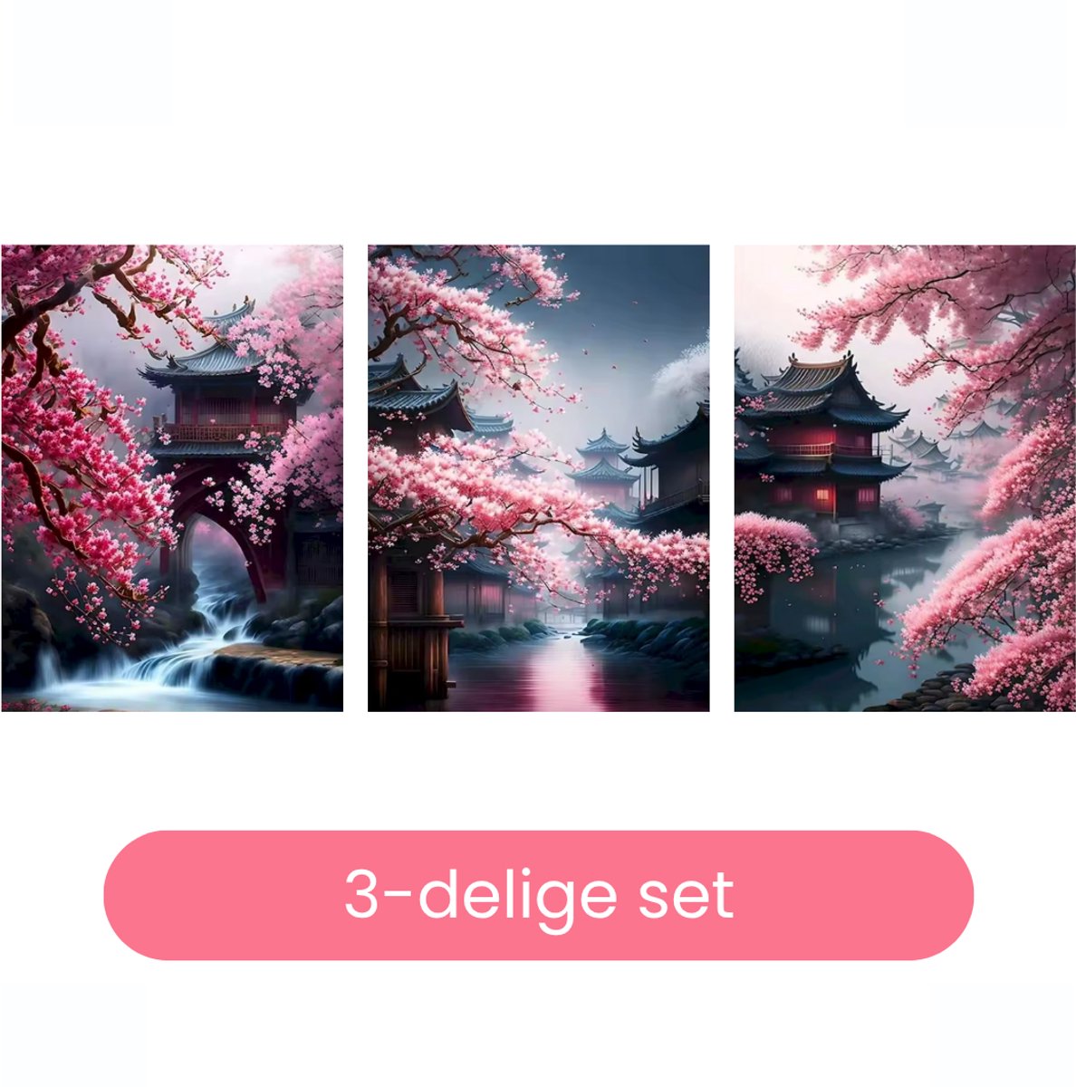HobbyMania Schilderen op Nummer Volwassenen Drieluik - Oosterse tempels met Sakura - Inclusief Verf, Penselen en Tekenhandschoen - Kleuren op Nummer - 3x 40x50 cm