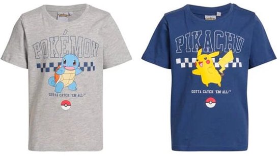 Set van twee Pokémon T-shirts: een grijze met Squirtle en 'POKÉMON', en een blauwe met Pikachu en 'PIKACHU'.