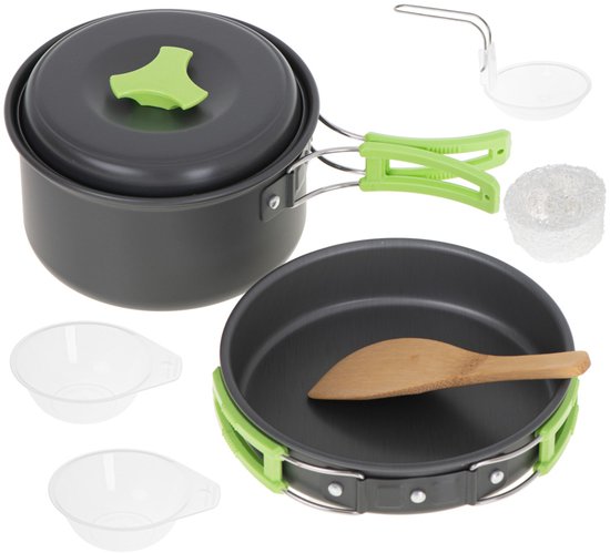 MOZY® - Camping Kookset - 9 delig - Grijs / Groen - met Accessoires - Kampeer Pannen - Kamperen - Survival - Pannenset Kamperen — afbeelding 3