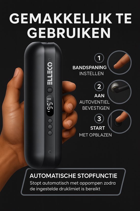 Elleco® Elektrische Fietspomp Pro - Fietspomp - Compressor - Elektrische Pomp - Lucht Compressor - Powerbank - Zaklamp - Zwart van Elleco — afbeelding 4