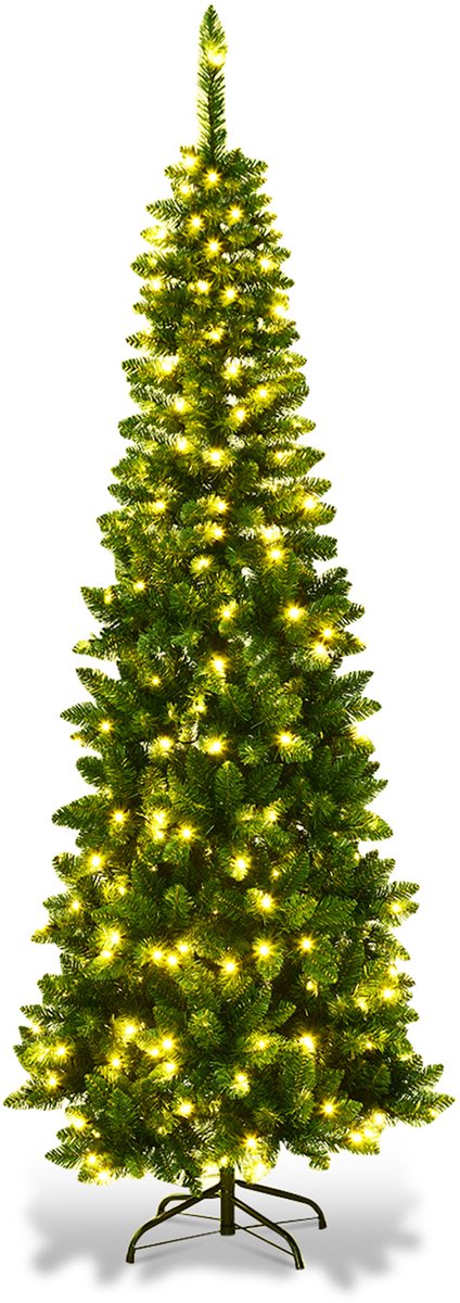 COSTWAY Kunstkerstboom van 135, 200 of 225 cm hoog, dennenboom, met warmwitte kerstverlichting, ledlampjes, inklapbaar, met metalen standaard, pvc-naalden, Kerstmis, groen (200 cm)