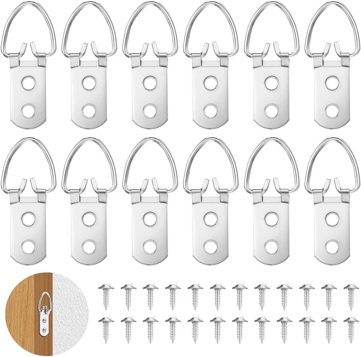 ByShane - D-ring fotohanger voor zware afbeeldingen en fotolijsten (12 stuks) met schroeven - ideaal voor schilderijen, kunstwerken, en meer