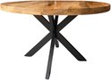 Table à manger ronde en bois avec plateau naturel et pied étoile noir.