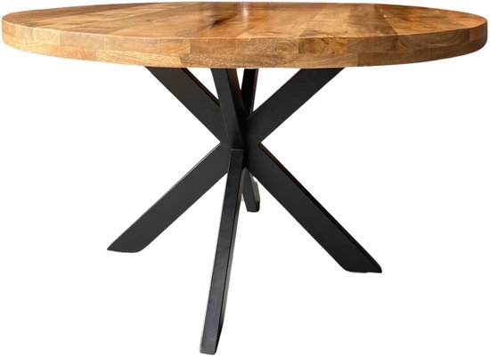 Table à manger ronde en bois avec plateau naturel et pied étoile noir.