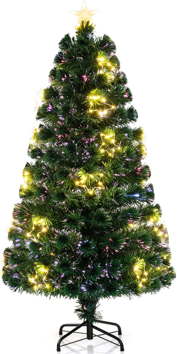 COSTWAY Kunstkerstboom met verlichting, 150 cm dennenboom van glasvezel met 24 warmwitte ledlampen en 170 takpunten, verlicht met sterpunt, voor thuis en op kantoor
