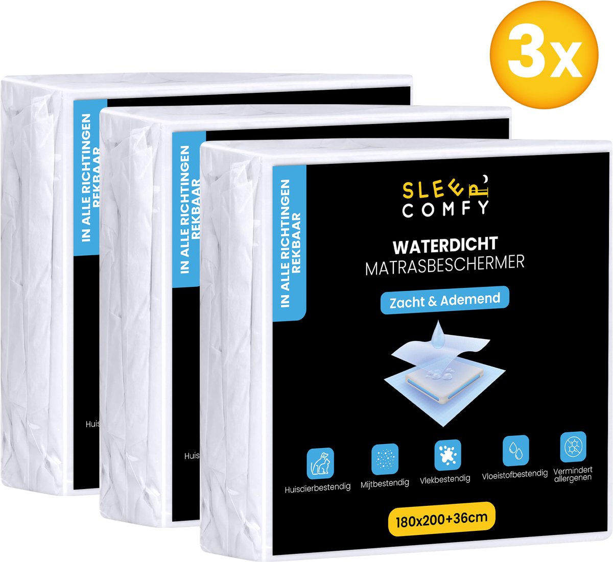 Sleep Comfy - 3 stuks Waterdicht Matrasbeschermers | 180x200 cm - Moltons - Hoeslakenbadstof - Antibacteriëel - Rondom Elastiek - Wit - Waterdichte Matras Beschermer - Incontinentie Matrasbeschermer