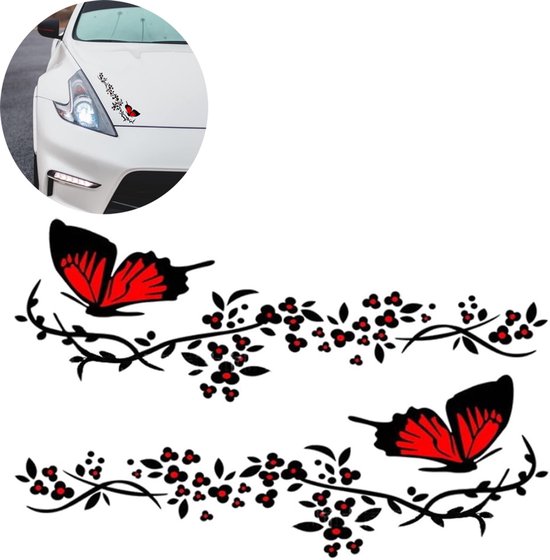 Autocollant pour voiture - Autocollant pour vitre - Motif papillon et fleur - 11 x 30 cm - noir