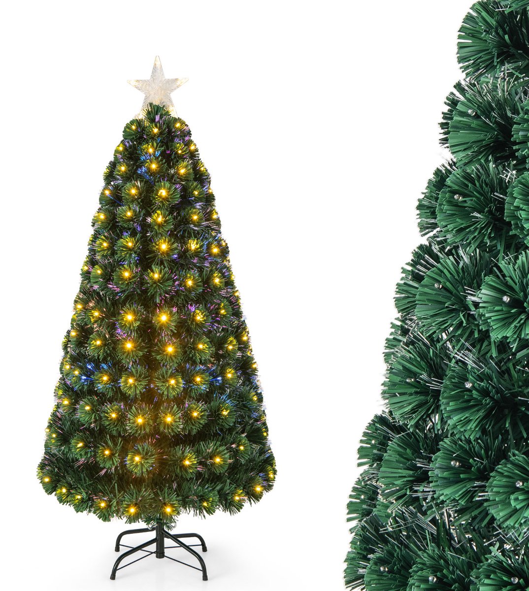 COSTWAY Kunstkerstboom met verlichting, 150 cm, dennenboom met 8 verlichtingsmodi, 170 warmwitte ledlampen, kerstboom in glasvezellook, verlichte ster, kunstboom Kerstmis