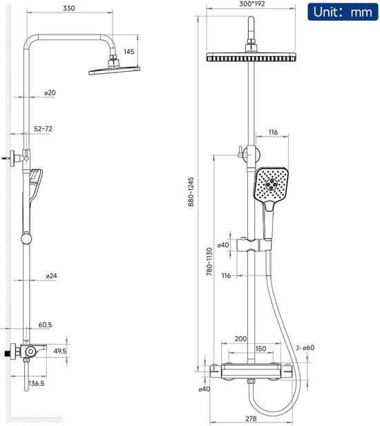 Lonheo max Regendouche met Thermostaatkraan - Douchesysteem Set - Hoofddouche en Handdouche - Douchekop met 150cm slang - 360° Draaibaar - Zwart