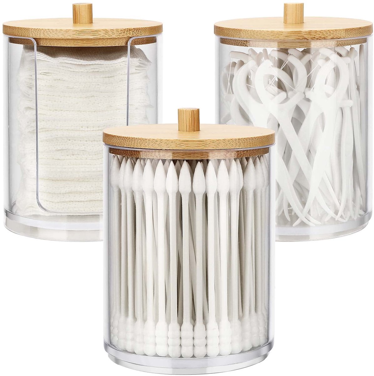 Ibenzoa® Transparante Acryl Opbergset voor Wattenstaafjes en Wattenschijfjes, 3-delige Set voor Cosmetica en Kleine Accessoires