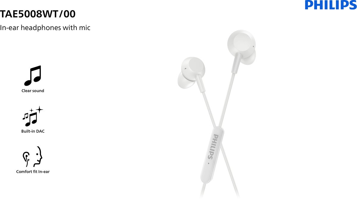 Philips Audio TAE5008BK/00 In-ear Headphones with Microphone | Lightweight Wired | USB-C | 1.2m Cable | Remote Control 3 Buttons | 3 Sizes Earbuds | Clear Sound and Powerful Bass | Black