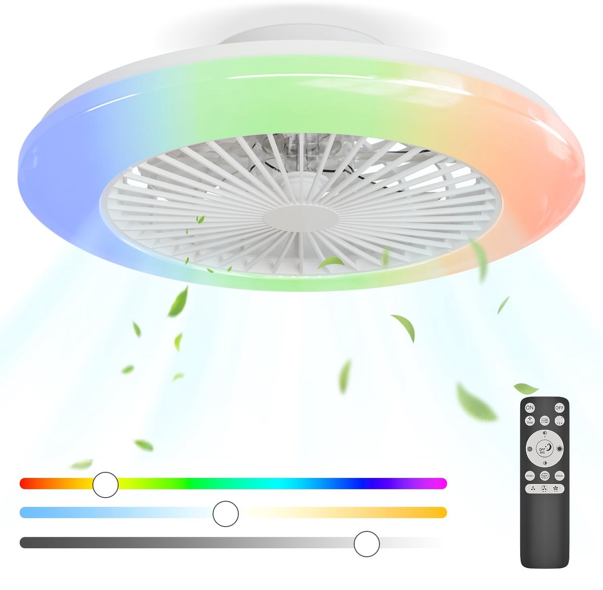Epochglo 40W LED Plafondlamp met Ventilator 48cm - RGBW - Dimbaar 3000K-6500K - 6 Snelheden - Reversibele - Timer - met Afstandsbediening - Fluisterstil Motor DC 20W - Wit Plafondventilator met Verlichting voor Woonkamer Slaapkamer Keuken