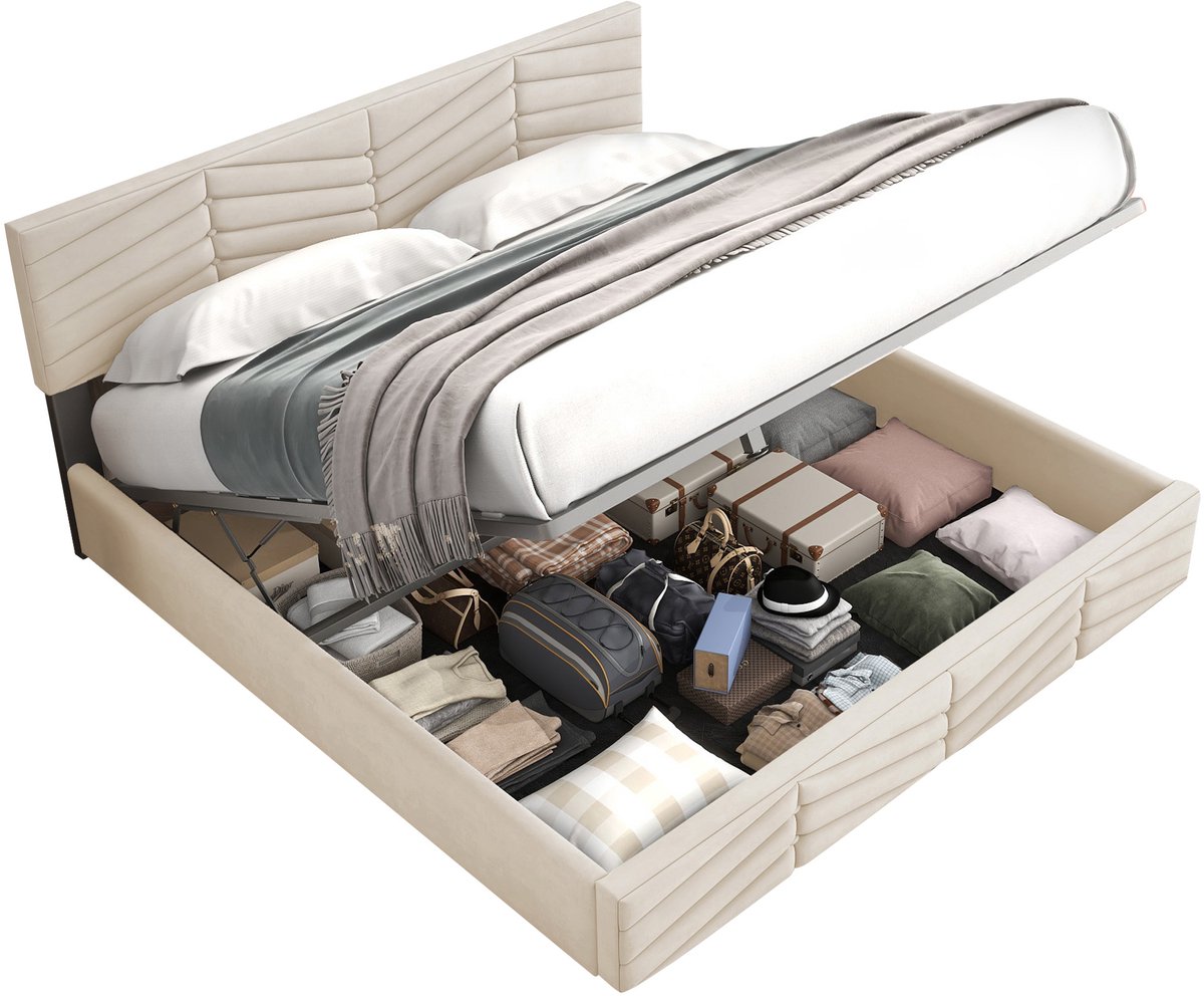 Merax Gestoffeerd Tweepersoonsbed 140x190 cm met Hydraulische Opbergruimte - Luxe Velvet Bed met Verstelbaar Hoofdbord - Beige