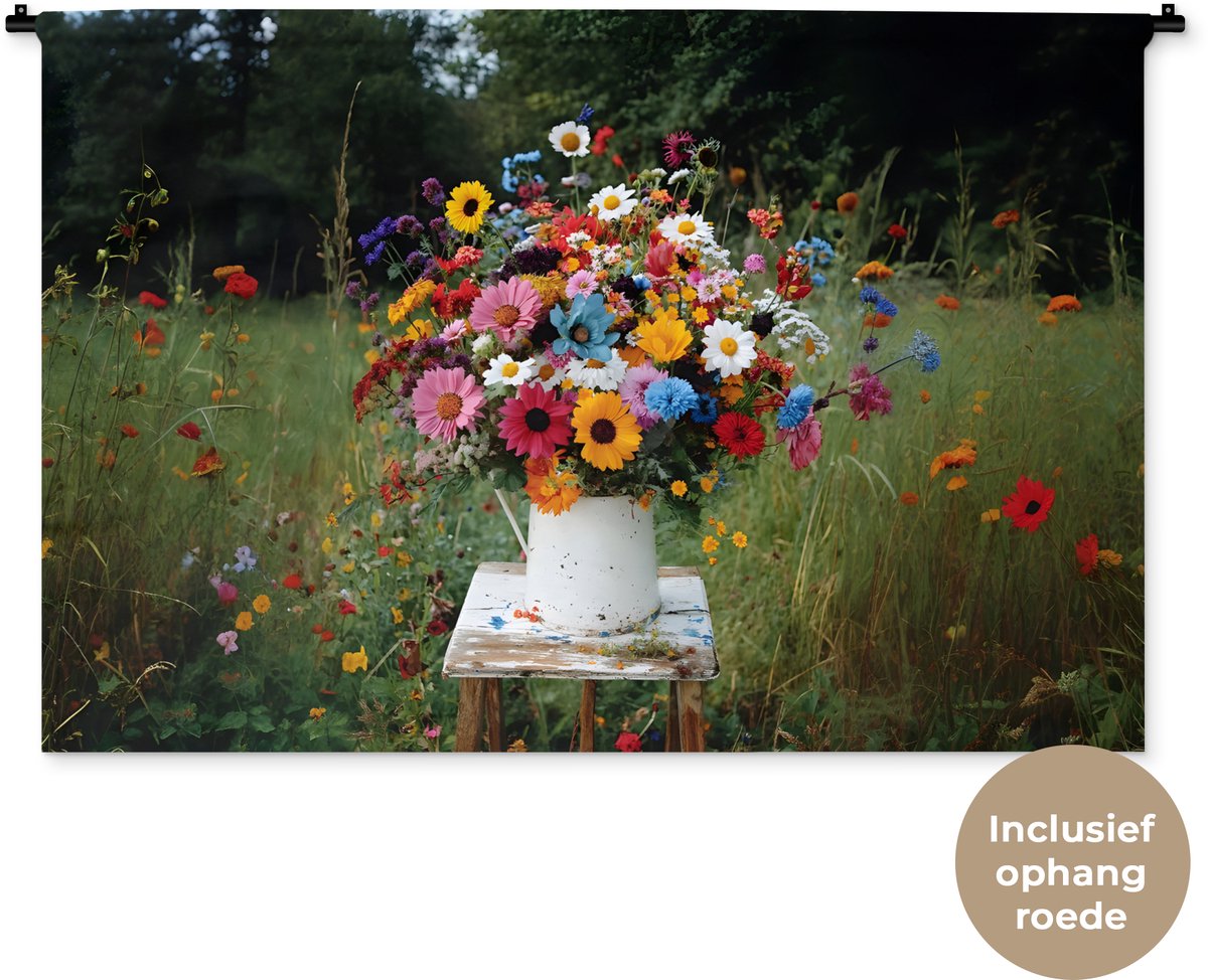 Wandkleed 150x100 cm - Wanddoek Bloemen - Krukje - Gieter - Veld - Wandtapijt - Wandkleden