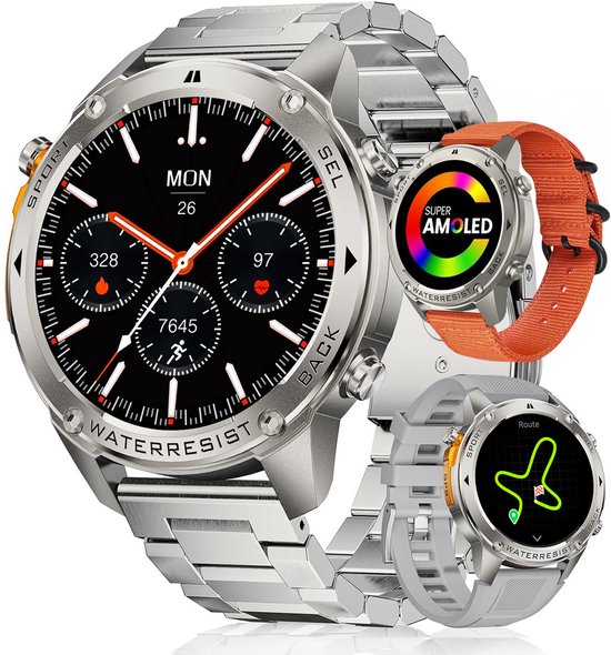 Synyq GPS Pro - GPS Smartwatch Heren - 3 Bandjes - 53mm - AMOLED Scherm - 5ATM Waterdicht - Belfunctie - 170+ Sportmodi - Stappenteller - Hartslag, Slaapmeter, SpO2 - Smartwatch Heren - Sport Horloge - IOS & Android