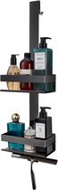 Zwarte, 2-laags douche organizer hangend, met diverse flacons en een douchewisser.