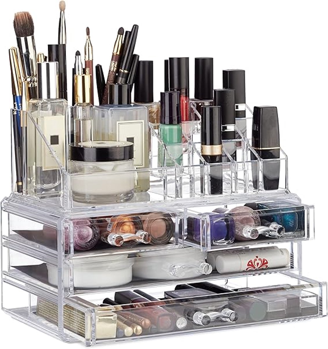 Famanu - Make-up organizer, 4 lades, 20 vakken, lippenstift houder, acryl, 2-delige cosmetica opbergdoos, transparant