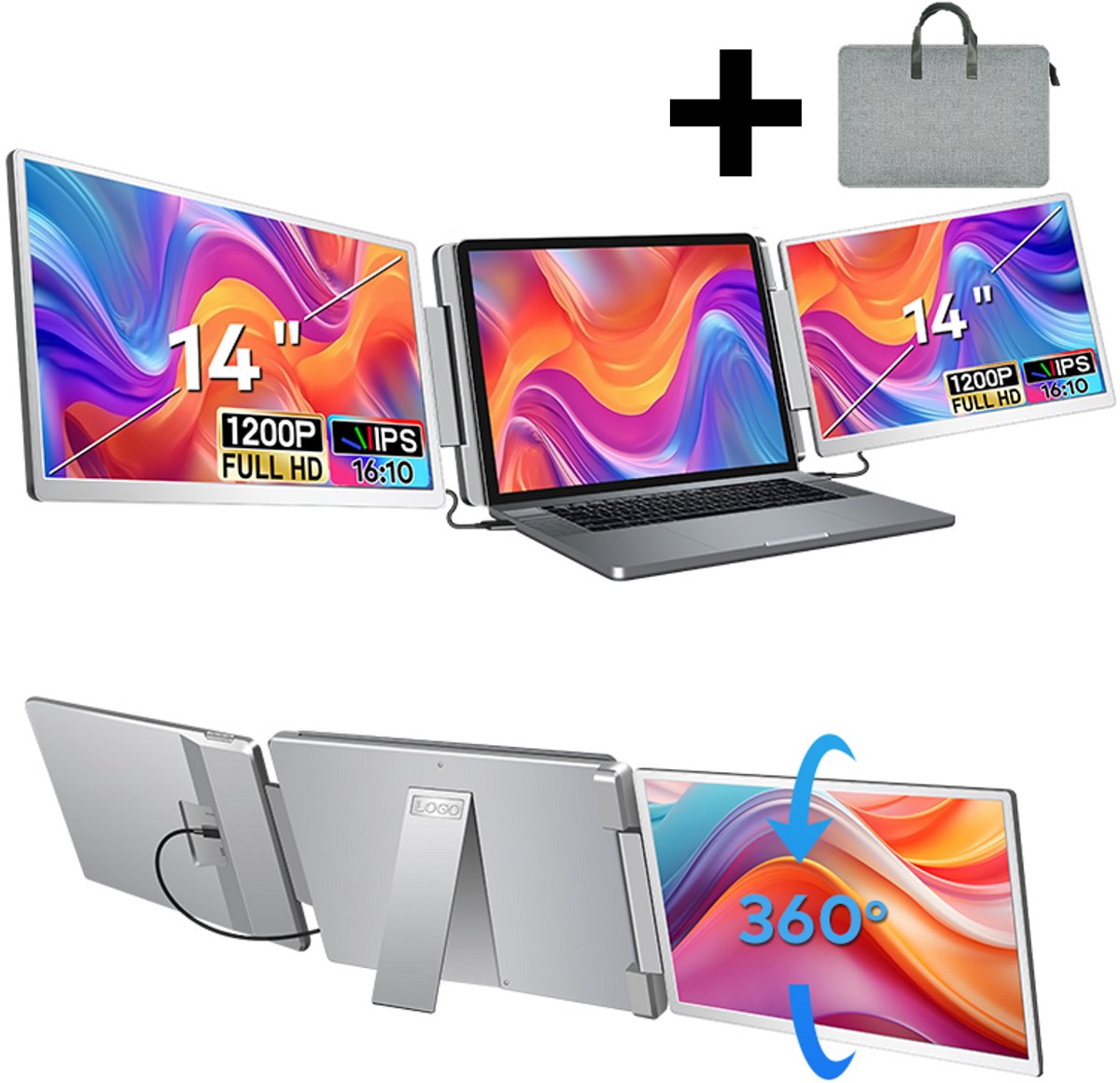 Stemap® Flex Portable Monitor Triple 14'' - Full HD 1920X1200P - Geschikt Voor 12” / 17” Tri-Screen - Laptop Scherm Uitbreider - Inclusief Beschermhoes en Kabels - 2 Jaar Garantie