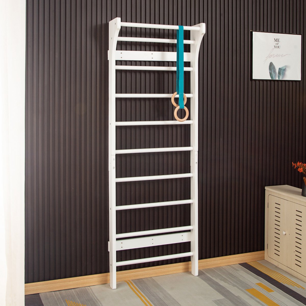 Buxibo Klimwand van Hout – Wandklimrek voor Binnen – Gym Speeltoestel voor Kinderen – 190x68x8 cm – Wit