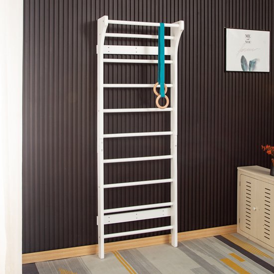 Buxibo Klimwand van Hout – Wandklimrek voor Binnen – Gym Speeltoestel voor Kinderen – 190x68x8 cm – Wit