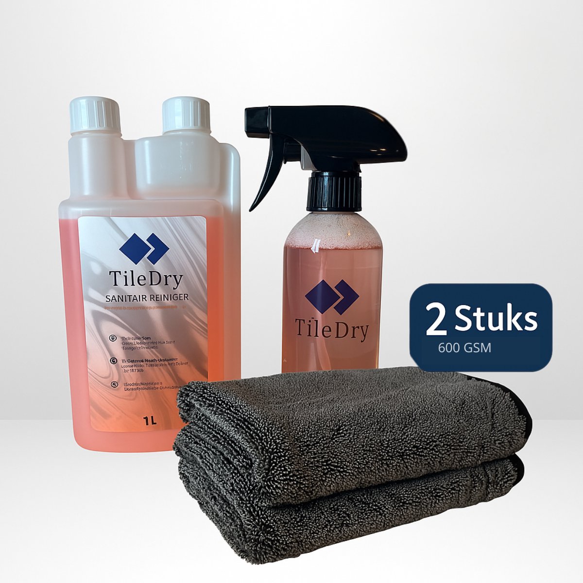 TileDry Bundelpakket - 2 stuks Droogdoek badkamer - Sanitair Reiniger - 1L - Hoge kwaliteit droogdoek - Streep en Kalkvrije badkamer- Droogdoek Auto - Microvezeldoek Fastdry droogdoek - Badkamer/Auto 60x40 cm -Absorbeert 800ml water