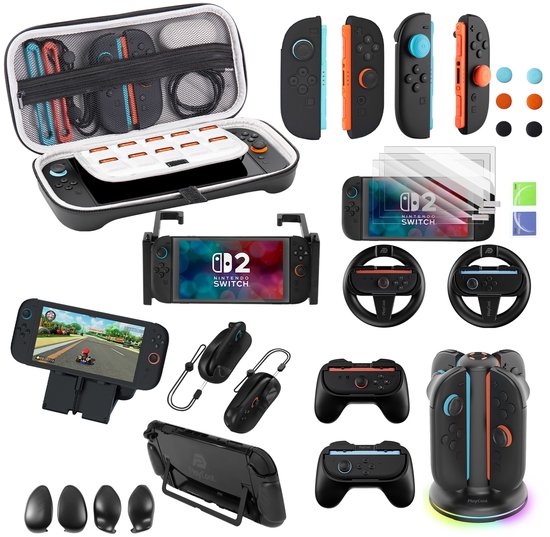 PlayCool 23-in-1 Accessoirebundel voor Nintendo Switch 2 – Beschermhoes, Screenprotectors, Thumb Grips, Joy-Con Siliconen Covers, Stuurset, Controller Grips, Oplaadstation, Playstand & Game Muisset