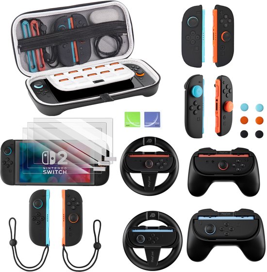 PlayCool 18-in-1 Bescherm & Race Kit – Accessoirebundel voor Nintendo Switch 2 – Beschermhoes, Screenprotectors, Thumb Grips, Joy-Con Siliconen Covers, Stuurset, Controller Grip set & Straps