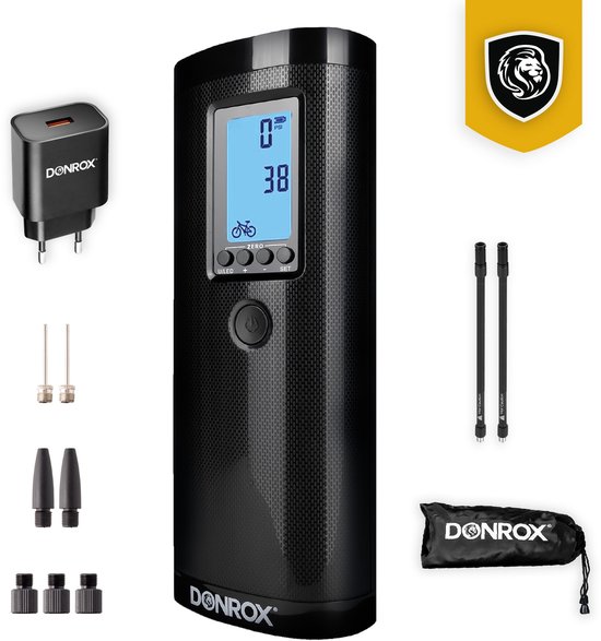 Donrox Ride F511 – Elektrische Fietspomp | Mini Compressor & Bandenpomp – Bundel met Oplader & Reserve Onderdelen – Premium