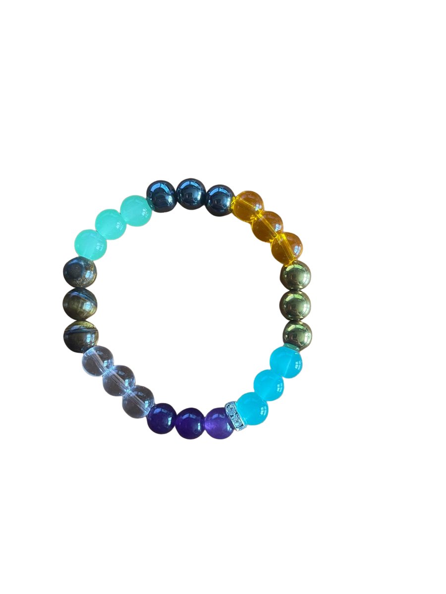 Edelsteen Armband – Welvaartsbrenger – 18 cm -8 mm kralen -Succes • Bescherming • Positieve Energie-Amethist-Aventurijn-Pyriet-Citrien-Hematiet-Chrysopraas-Tijgeroog-Bergkristal