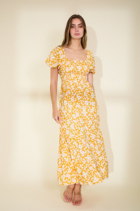 Zomerjurk Dames – Lange Maxi Jurk – Bloemenprint – Geel – V-hals