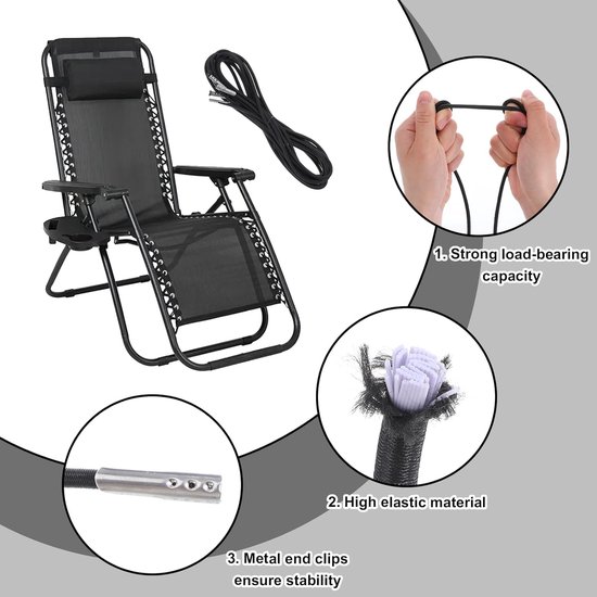 4 stuks - vervangende snoeren - 1.4m en 2.2 m - vervangend touw voor loungestoel - vervangend touw voor de stoel - vervangende elastische snoeren - accessoires voor relaxfauteuils - voor ligstoelen en tuinstoelen - zwart — afbeelding 2