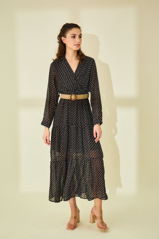 Dames Jurk – Lange Overslagjurk – Zwart met Print – Maxi Wrap