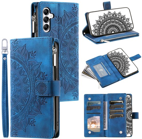 Collage van een blauw telefoonhoesje met mandala-opdruk, met polsbandje en rits.