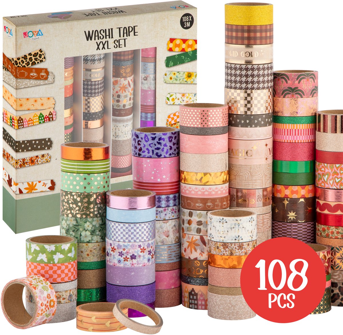Washi Tape 108pcs - bullet journal accesoires - 3 meter per rol - Verschillende Designs - Stickers & Tapes - Journaling - Stickers Bullet Journal - Joya Creative — afbeelding 4
