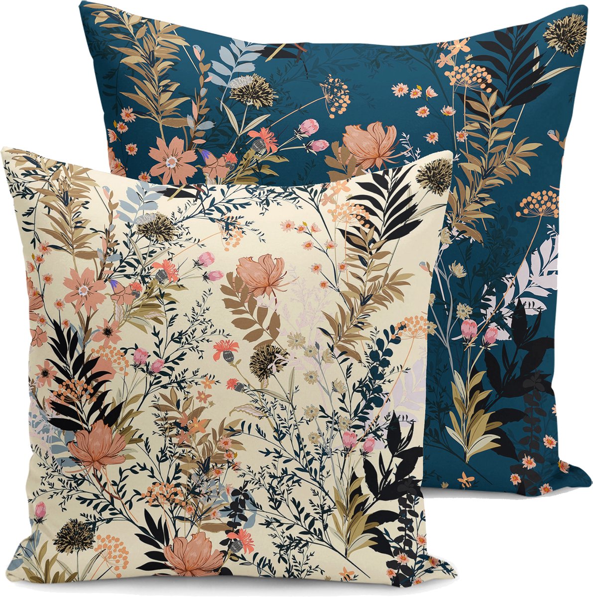 De Groen Home BLOEM Sierkussen Velvet set van 2 - 50x50 - Bloemen op Donkerblauw / Beige Crème - Aan beide zijdig bedrukt