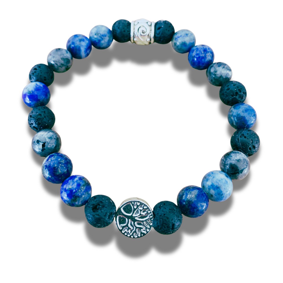 Kralenarmband - natuursteen - lapis lazuli - Labradoriet - Lava - Hematiet - levensboomteken - 20 cm 8 mm