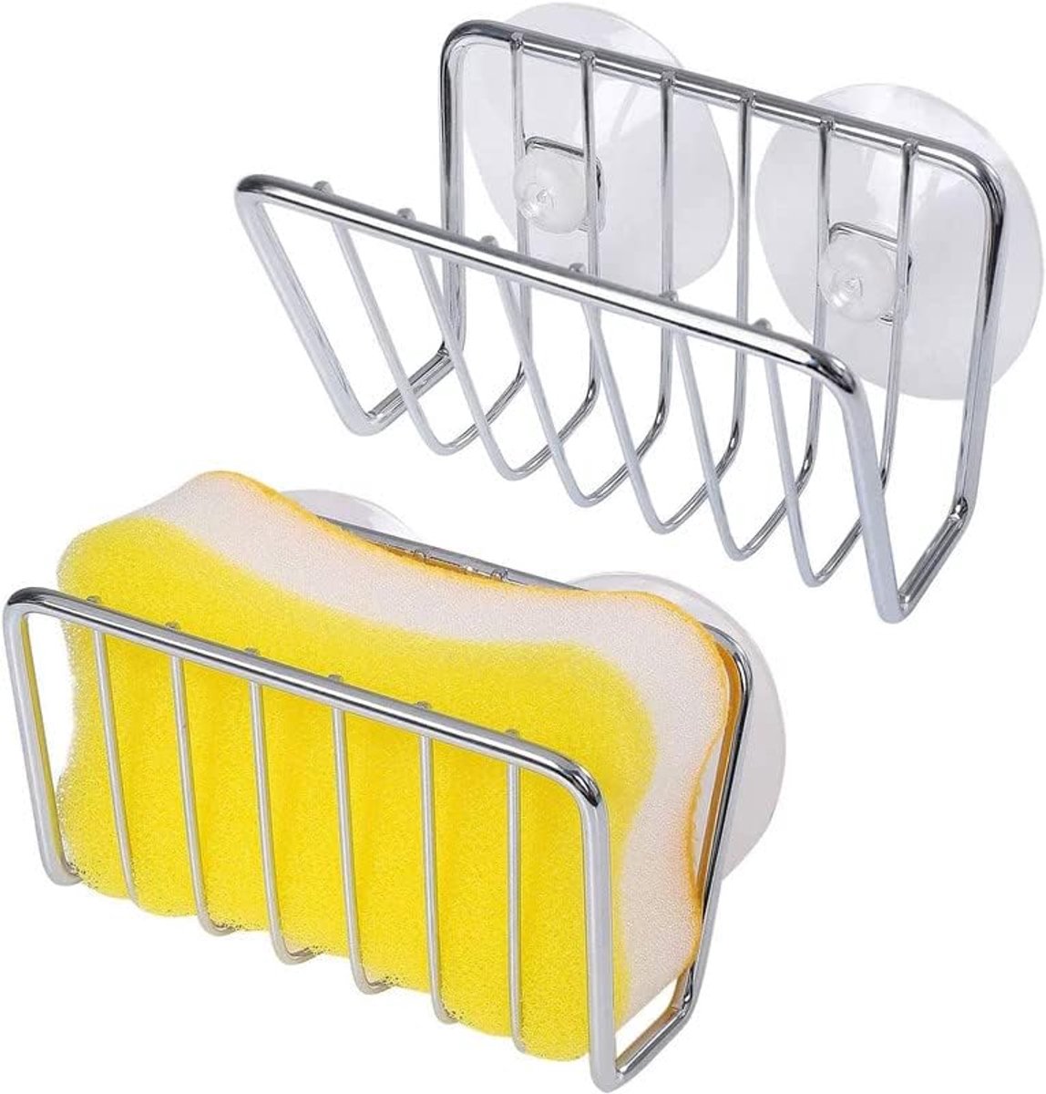 Keukengootsteen RVS zuignap sponshouder - Zilver - 2-pack