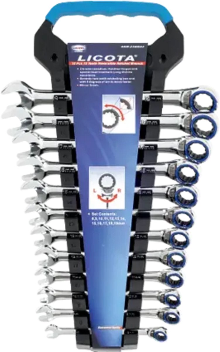 Ringratelsleutel Set, 12-delig (8-19mm), 72 Tanden, Omschakelbaar