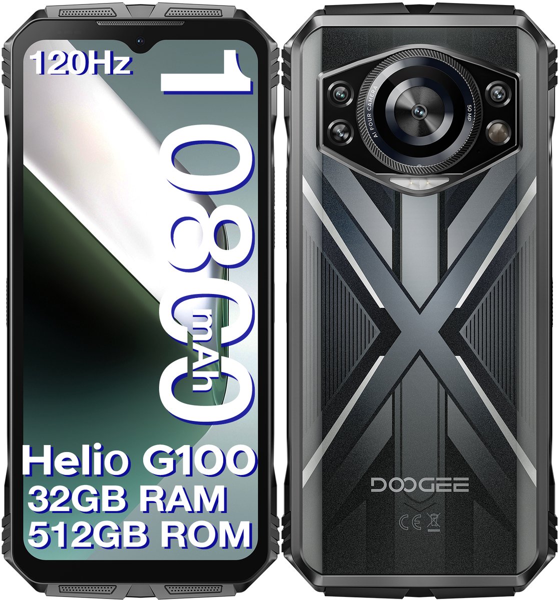 DOOGEE S CYBER PRO 4G - Robuuste Smartphone - Robuuste Telefoon - 32 GB RAM + 512 GB ROM /2TB TF - 6,6 Inth + 120Hz - 10800mAh/33W - Helio G100 - Vingerafdrukherkenning - Face ID - 20MP nachtzichtcamera - Zilver