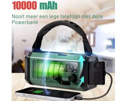 Noodradio 2025- FM AM - Crank Radio met Zonnepaneel - Solar Opwindbaar - 10.000mAh powerbank - Zonne energie - Zaklamp Oplaadbaar - Camping, Overleven & Rampen - Weerstation, USB, SOS alarm - Emergency Radio -Noodpakket - Leger Groen