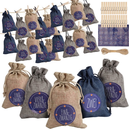 DIY Kerst Adventskalender Set 2025 - Maak je eigen Kerst Countdown Kalender - Jute Zak met Trekkoord voor Kerstversiering - Blauw/Beige/Grijs