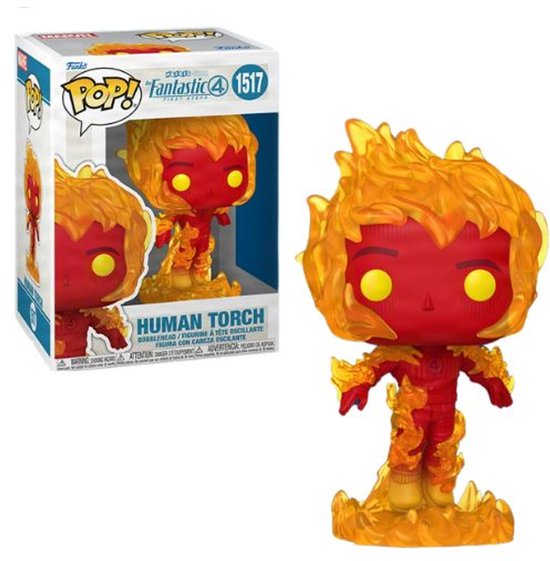Boîte et figurine Funko Pop rouge 'Human Torch' avec des flammes et des yeux jaunes.